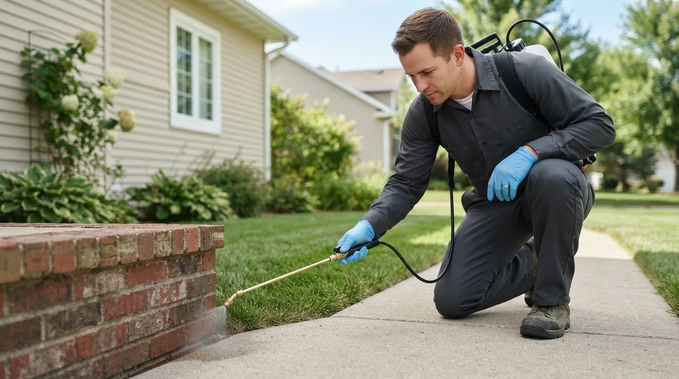 Pest control technician treating a home near Pickering, MO